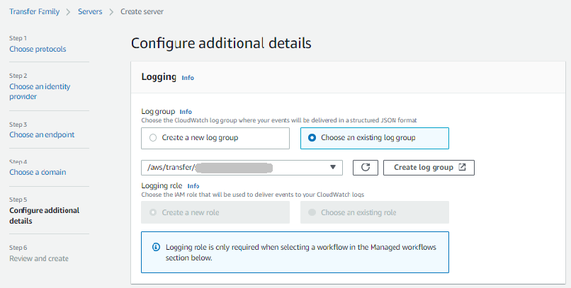 
                Logging pane for Configure additional details in the Create server wizard.
                    Choose an existing log group is selected.
            