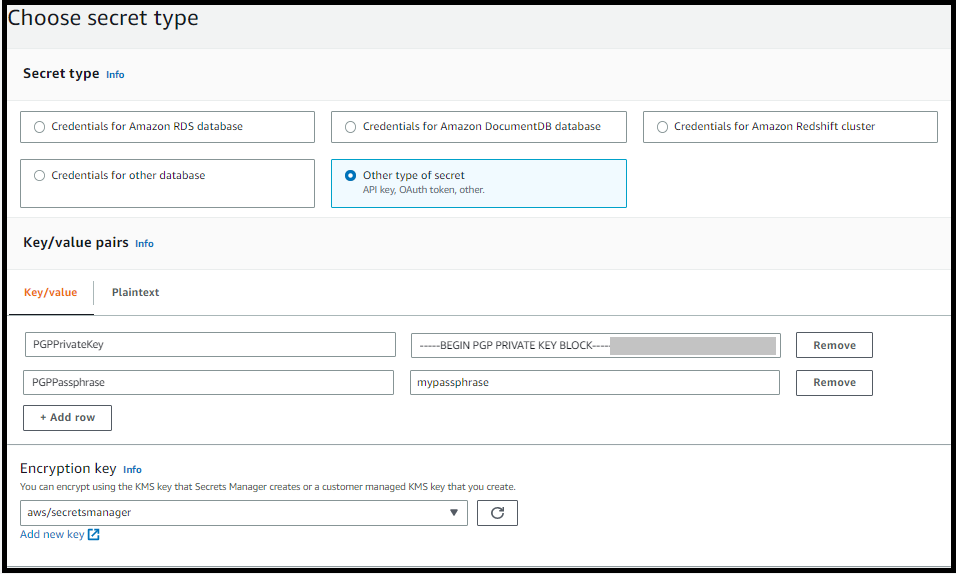 
                                        The AWS Secrets Manager console, showing the keys and values that you enter to manage your PGP
                                            keys.
                                        