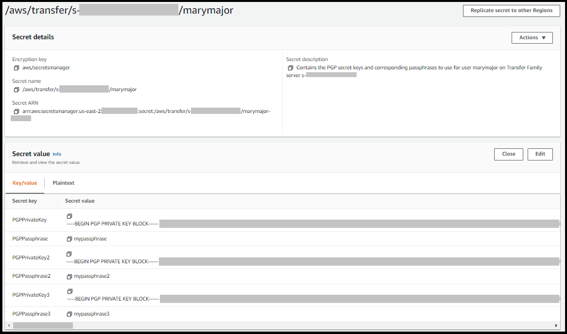 
                        The AWS Secrets Manager console, showing the secret details page with three keys
                            and passphrases for a Transfer Family server and user.
                    