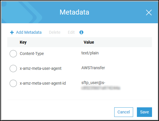 
                The Metadata screen displaying information about Amazon S3 object metadata for
                    AWS Transfer Family.
            