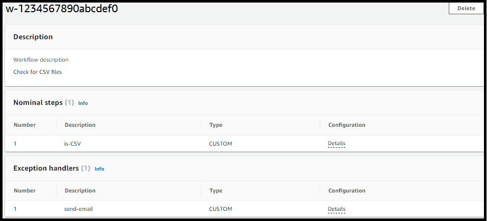 
                AWS Transfer Family console, showing an example workflow with one nominal step and one
                    exception-handling step.
            