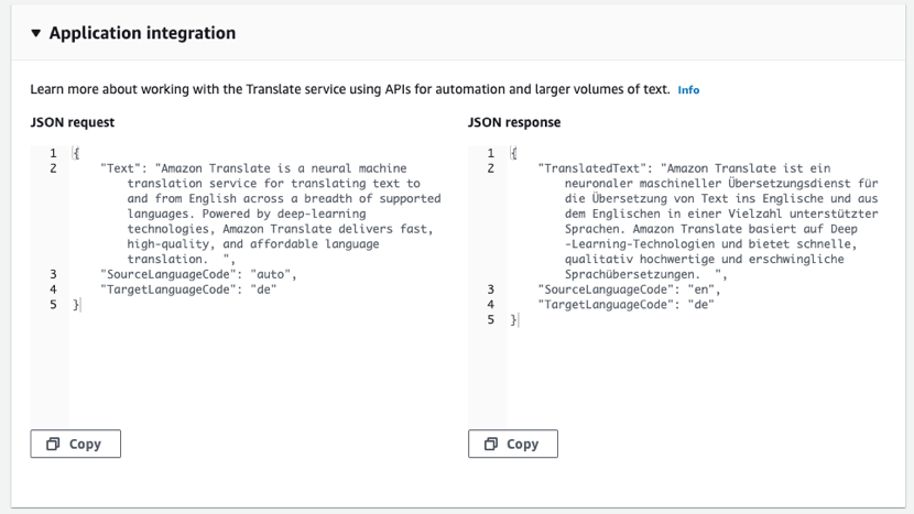 
                        JSON code samples for translating text.
                    