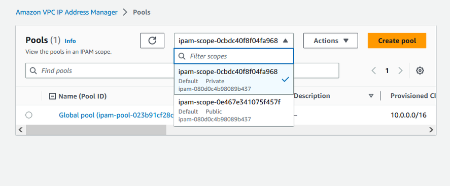 Choosing the private scope in the IPAM console.