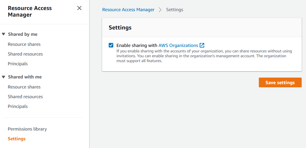 Enabling organization sharing in the AWS RAM console.