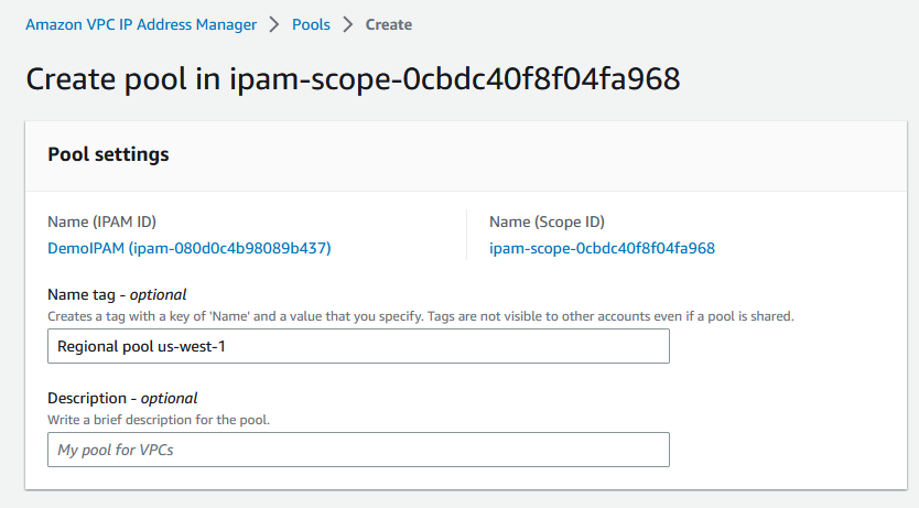 Adding a name for a pool in the IPAM console.