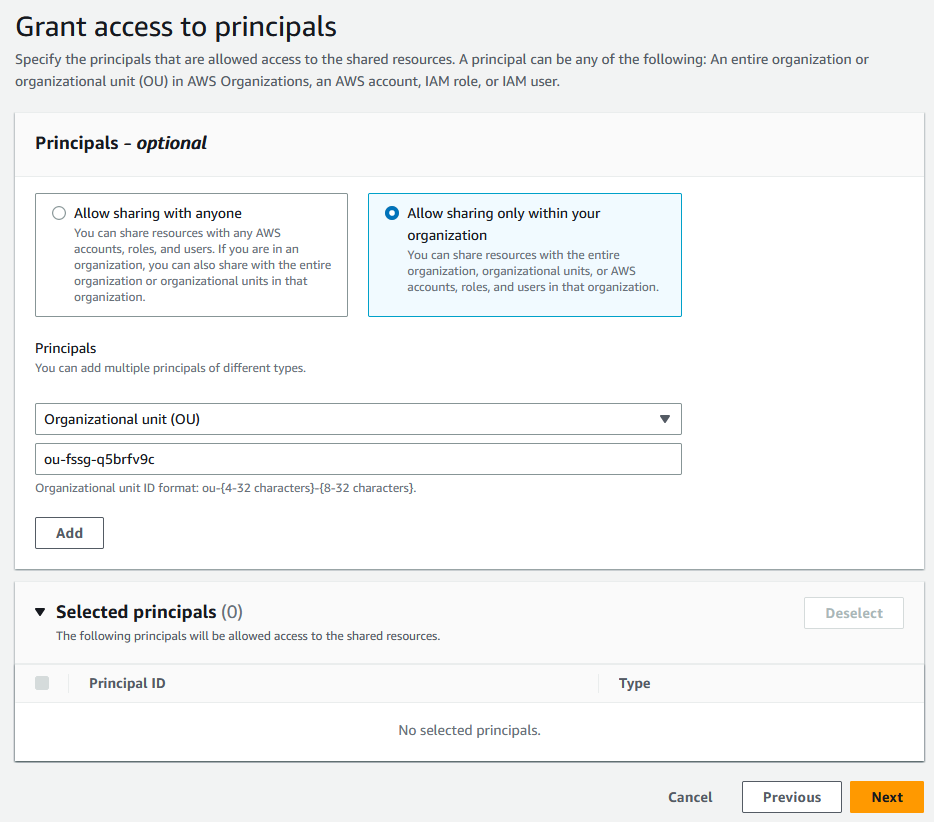 Granting access to a resource share in the AWS RAM console.
