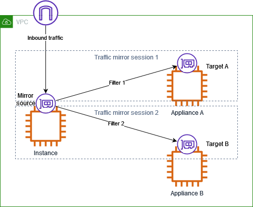 A single target with two traffic mirror sessions, each with an appliance.