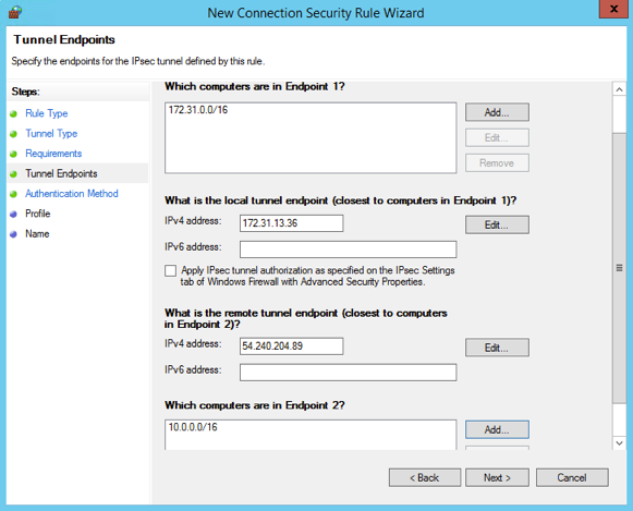 New Connection Security Rule Wizard: Tunnel Endpoints
