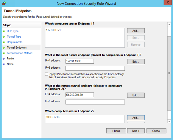 
								New Connection Security Rule Wizard: Tunnel
									Endpoints
							