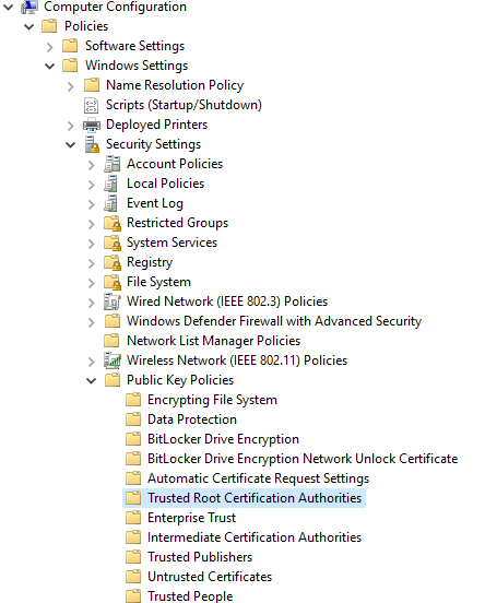 A screenshot showing the expanded folder structure to navigate to Trusted Root Certification Authorities.
