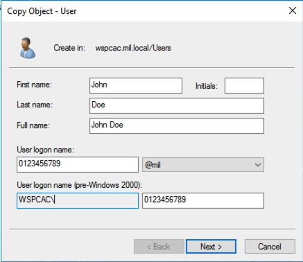 
            A screenshot showing the creation of a new user with domain suffix and UPN
              value.
          