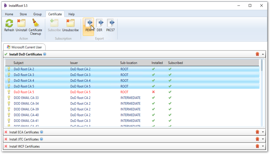 A screenshot showing exporting the root and intermediate certificates with InstallRoot.