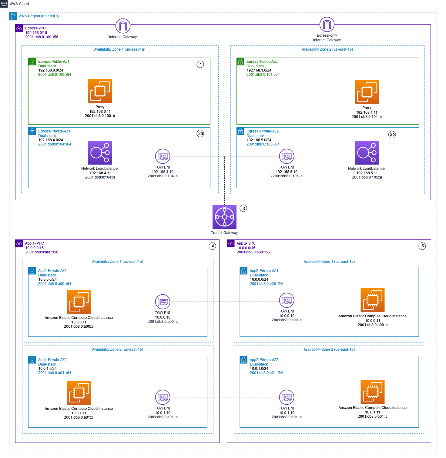 A diagram depicting centralized IPv4 and IPv6 egress using proxy instances and Network Load Balancer.