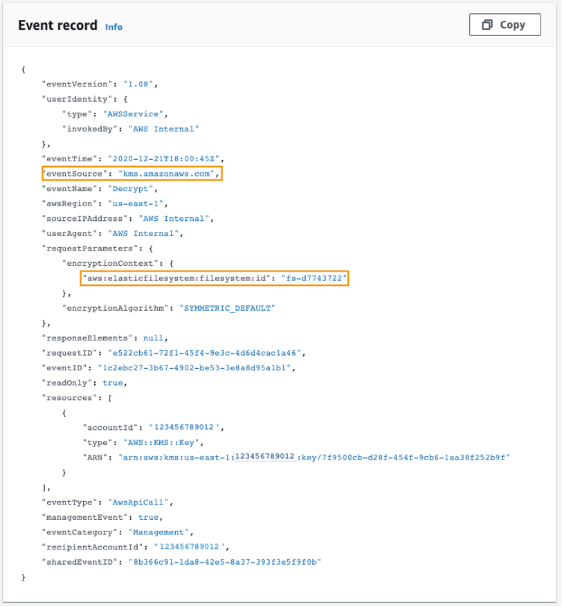 CloudTrail event record for KMS Decrypt call by Amazon EFS, showing event details and parameters.