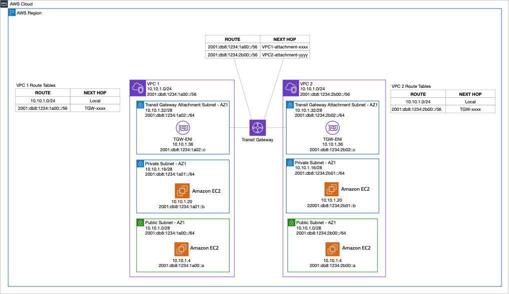 This is a diagram that illustrates IPv6-only routing with AWS Transit Gateway.
