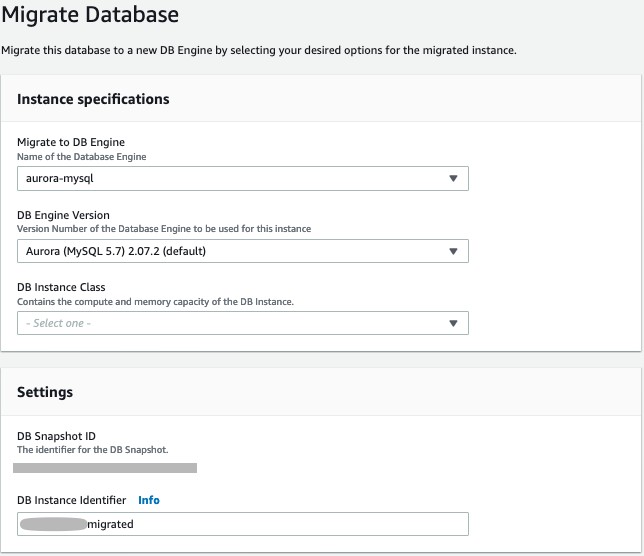 A screenshot of the Amazon RDS Console during snapshot migration.