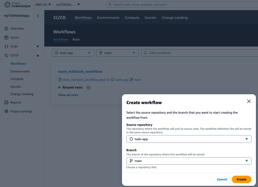 Screenshot showing create workflow.