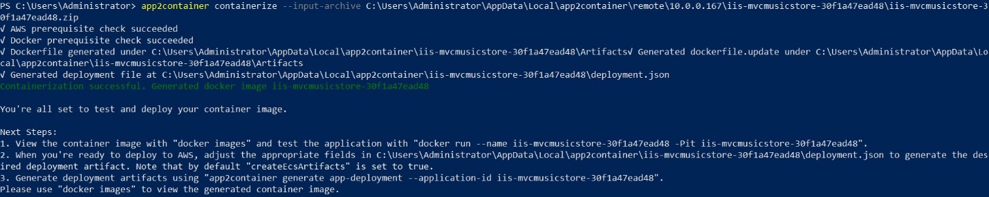 App2Container successfully creates a container image of the .NET application