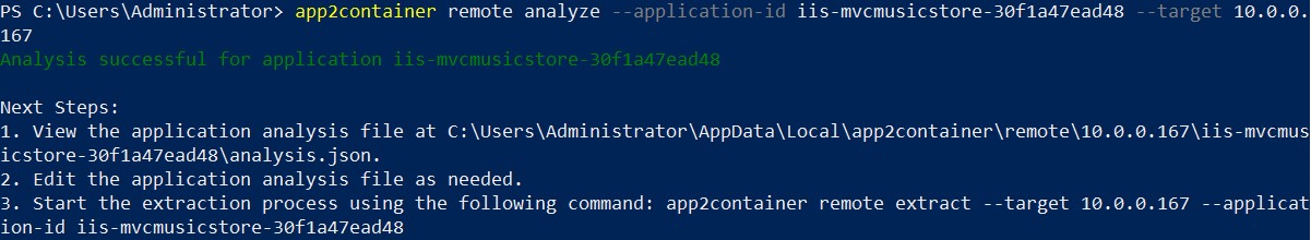 App2Container successfully analyzes a .NET application for containerization