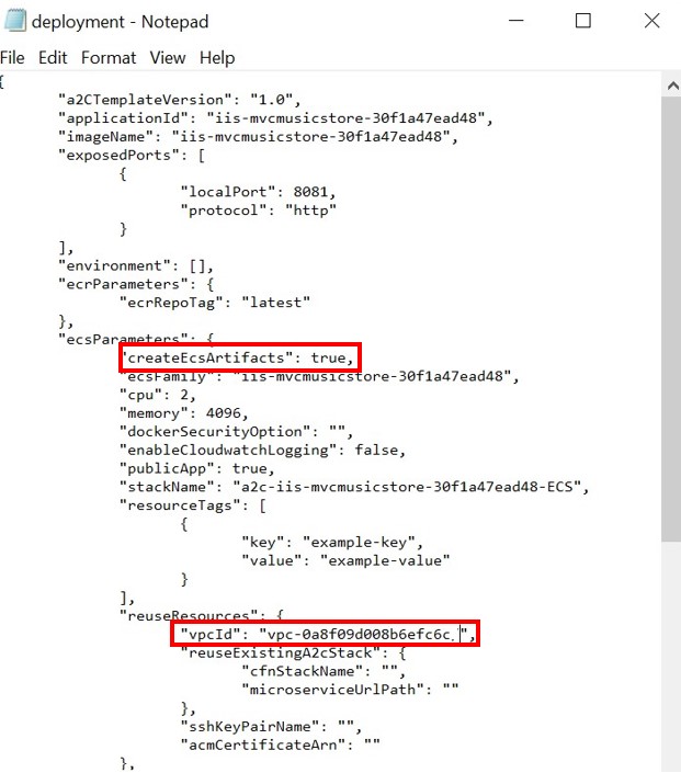 Screen showing sample deployment.json file