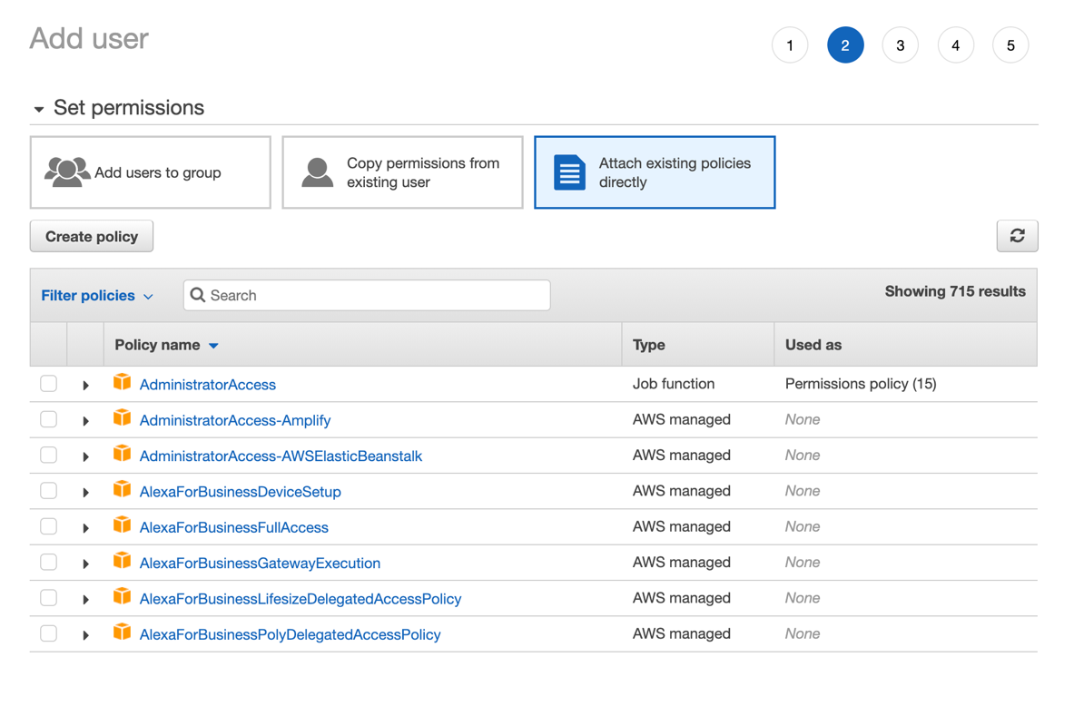 Screen showing Attach existing policies.