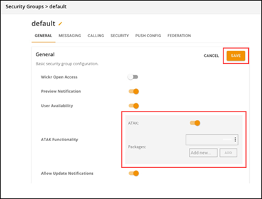 The ATAK Functionality section of the Wickr Network Dashboard.