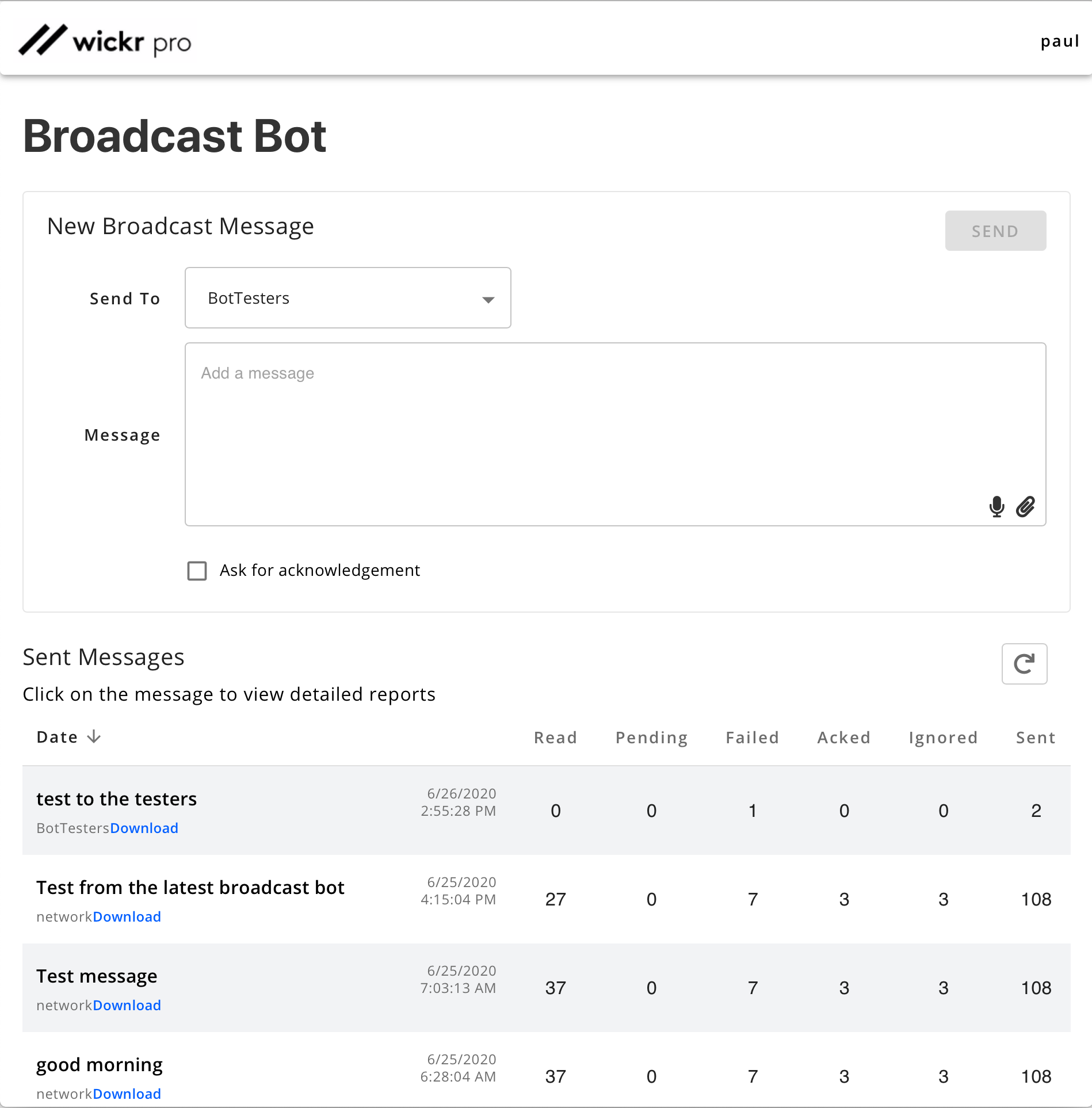 The BroadcastBot web interface main screen.