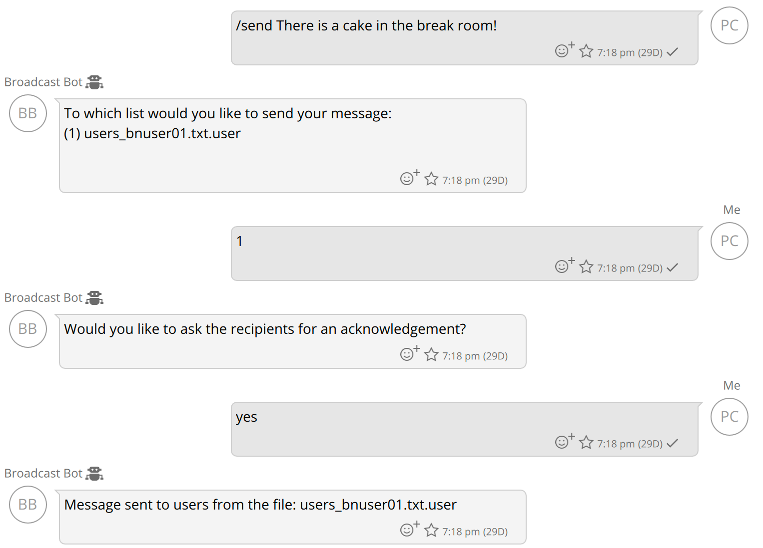 Complete example of the /send command workflow from message input to delivery status.