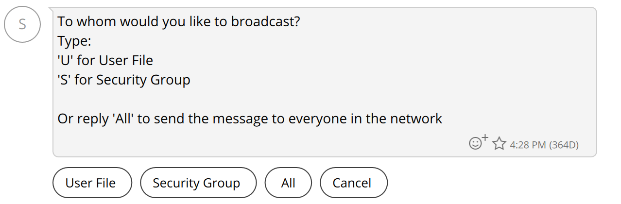 Initial broadcast setup screen showing recipient selection options.