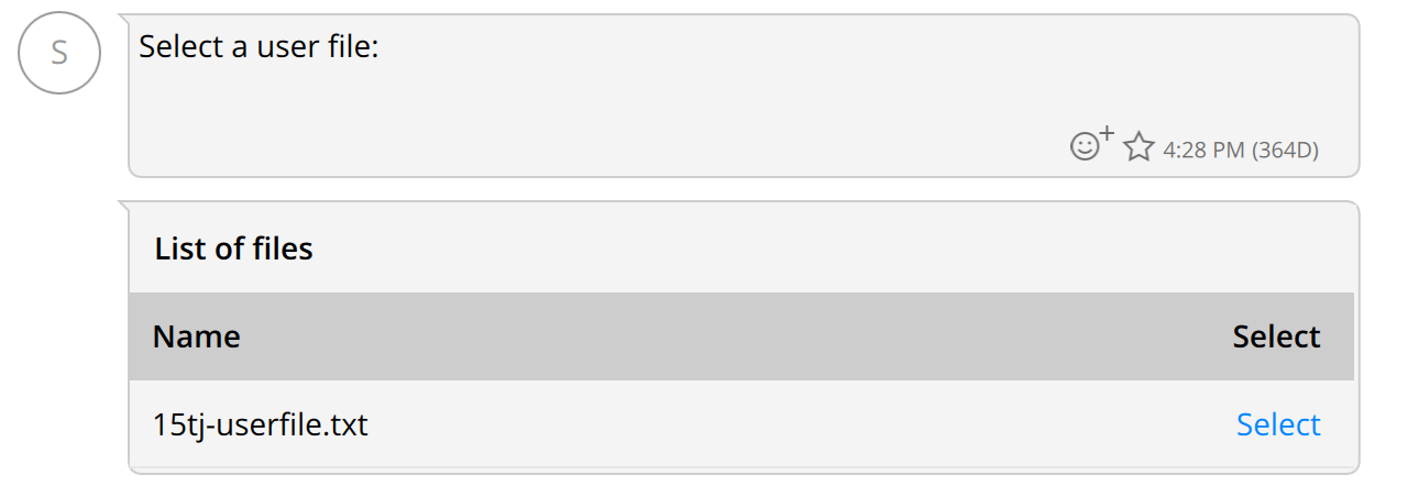 User file selection screen with option to upload new files.