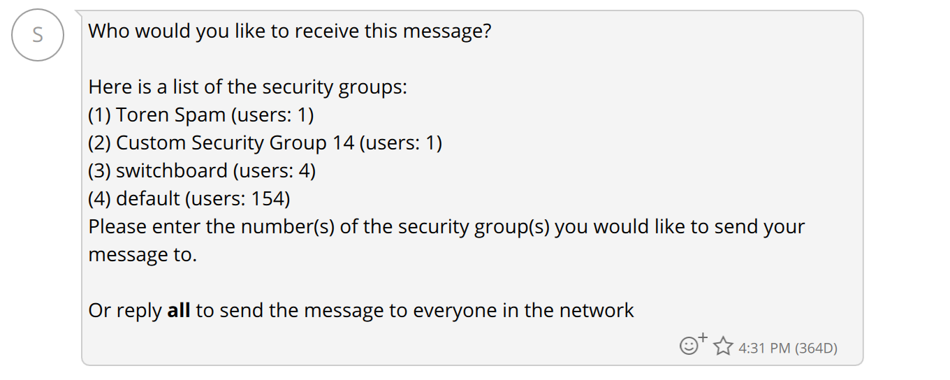 Security group selection screen for network broadcasts.