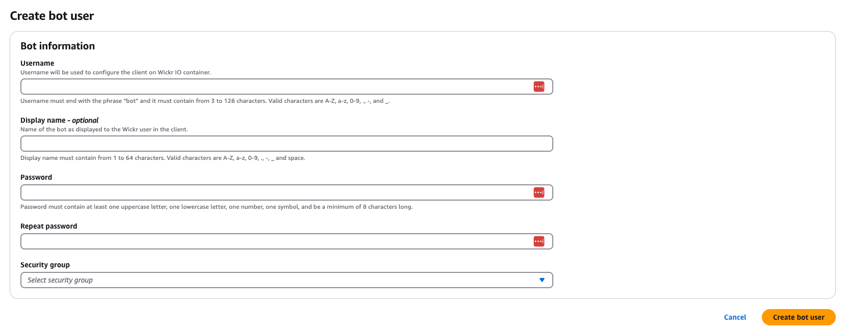 The Wickr Bot users tab with Create bot user button.