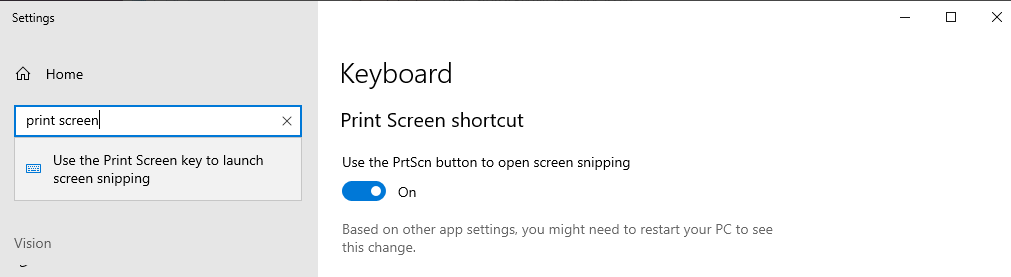Windows Settings screen showing Print Screen shortcut option toggled on.