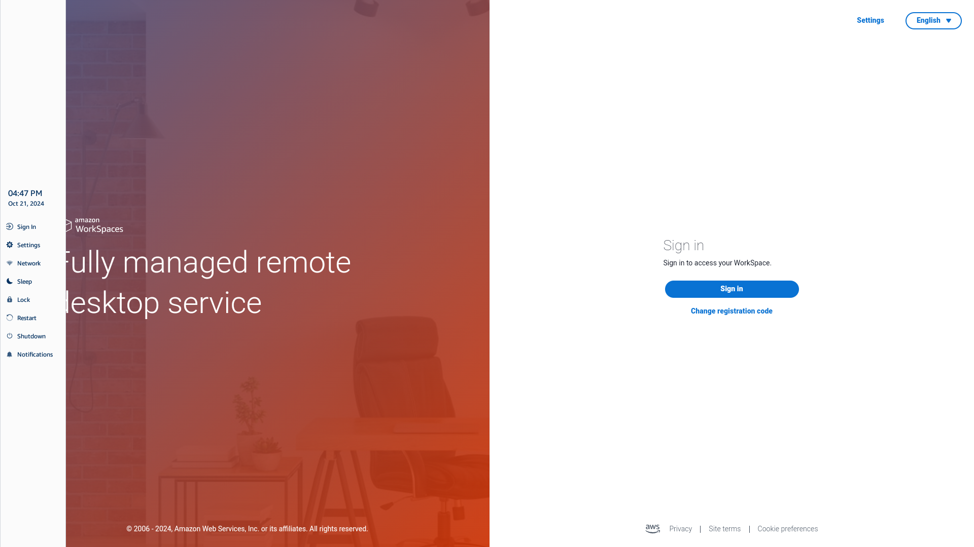 Amazon WorkSpaces sign-in page for a fully managed remote desktop service.