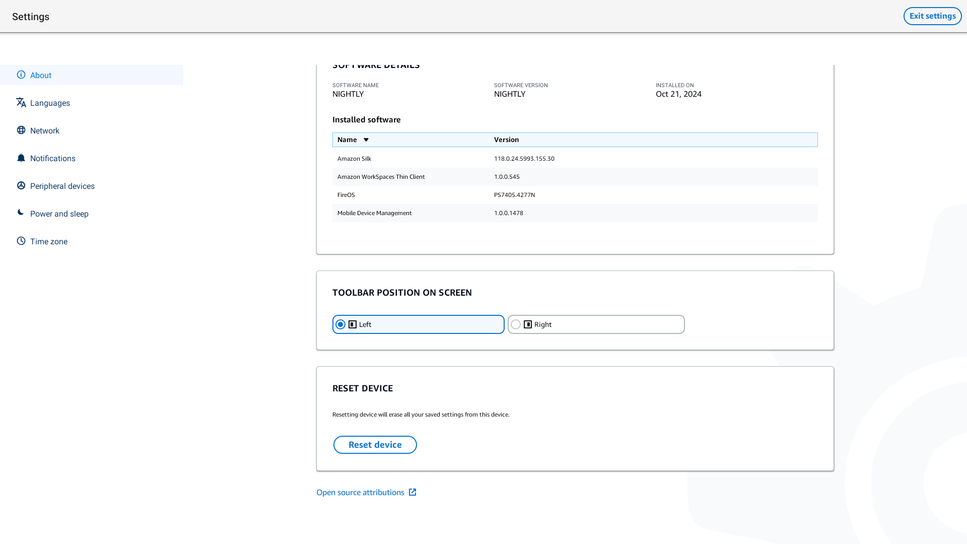 Settings page showing software details, installed software, toolbar position, and reset device options.