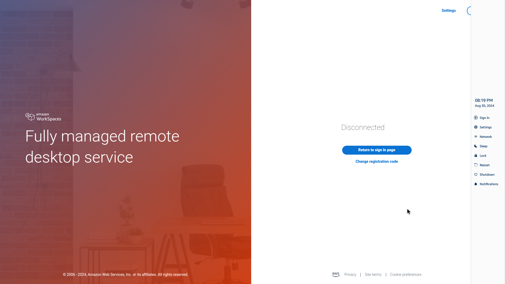 Amazon WorkSpaces login screen showing disconnected status and option to return to sign-in page.