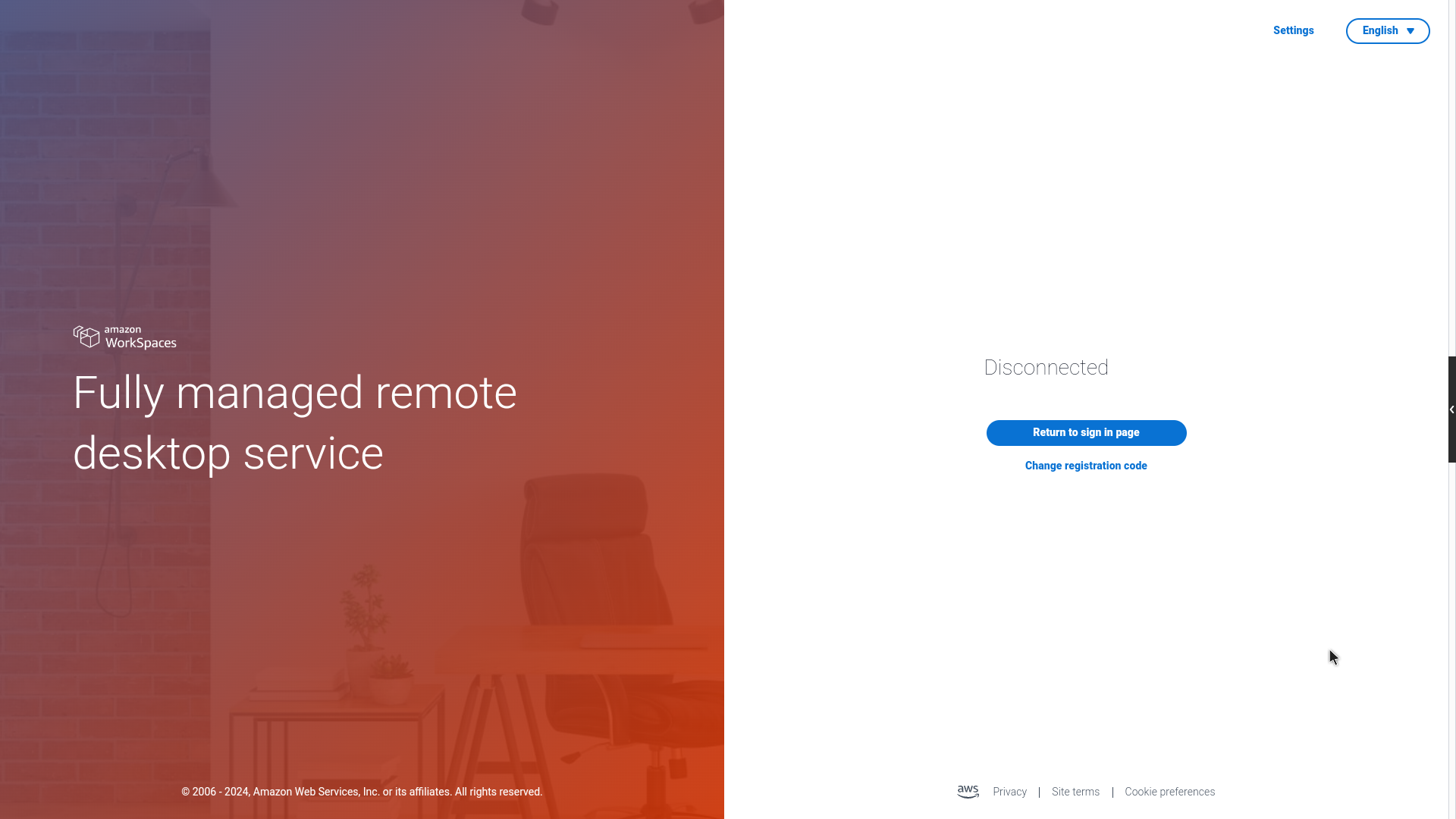 Amazon WorkSpaces login screen showing disconnected status and option to return to sign-in page.
