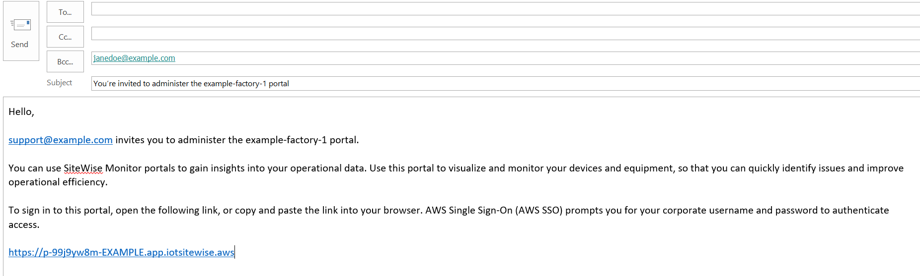
                The invitation email that is sent to your portal administrators (AWS SSO).
              