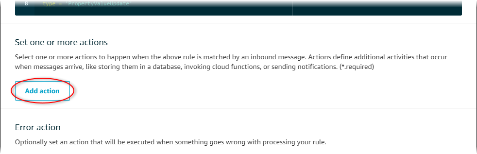 
            AWS IoT Core "Create a rule" page screenshot with "Add action"
              highlighted.
          