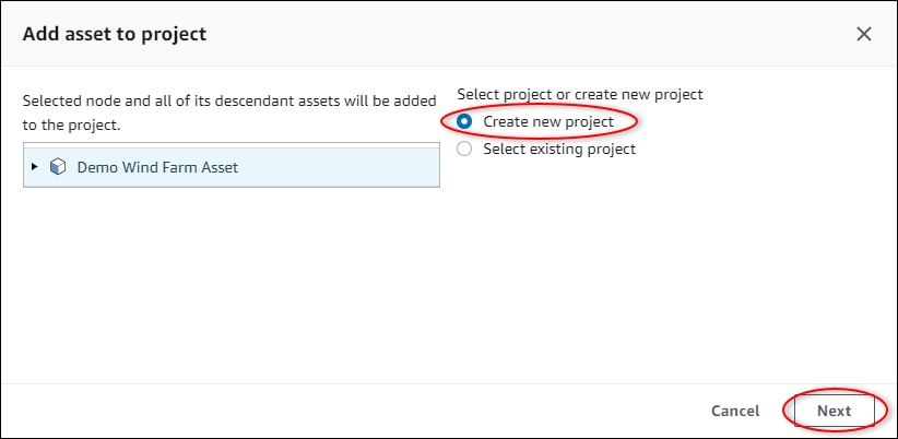 
            The "Add asset to project" dialog box with "Create new project"
              highlighted.
          