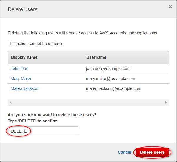 
            AWS SSO "Delete users" dialog box.
          