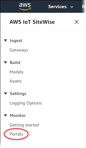 
            Left navigation pane in the AWS IoT SiteWise console with Portals
              highlighted.
          