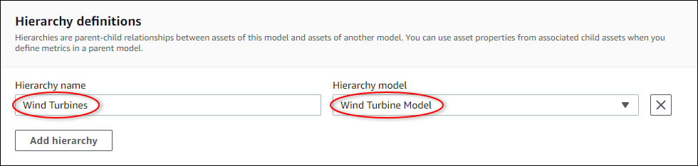 
              AWS IoT SiteWise "Create model" page screenshot with an example hierarchy's parameters
                highlighted.
            