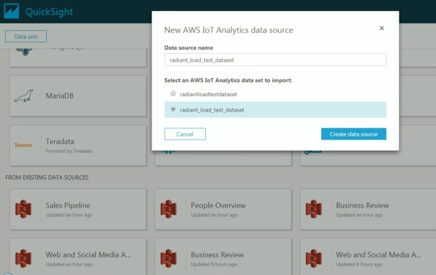 
    Screenshot of how to create a new data source in Amazon QuickSight.
   