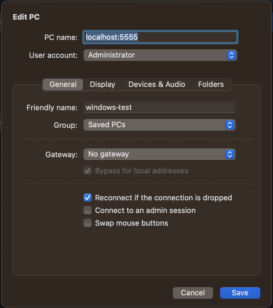 Il client RDP con l'esempio "localhost:5555" nel campo del nome del PC.