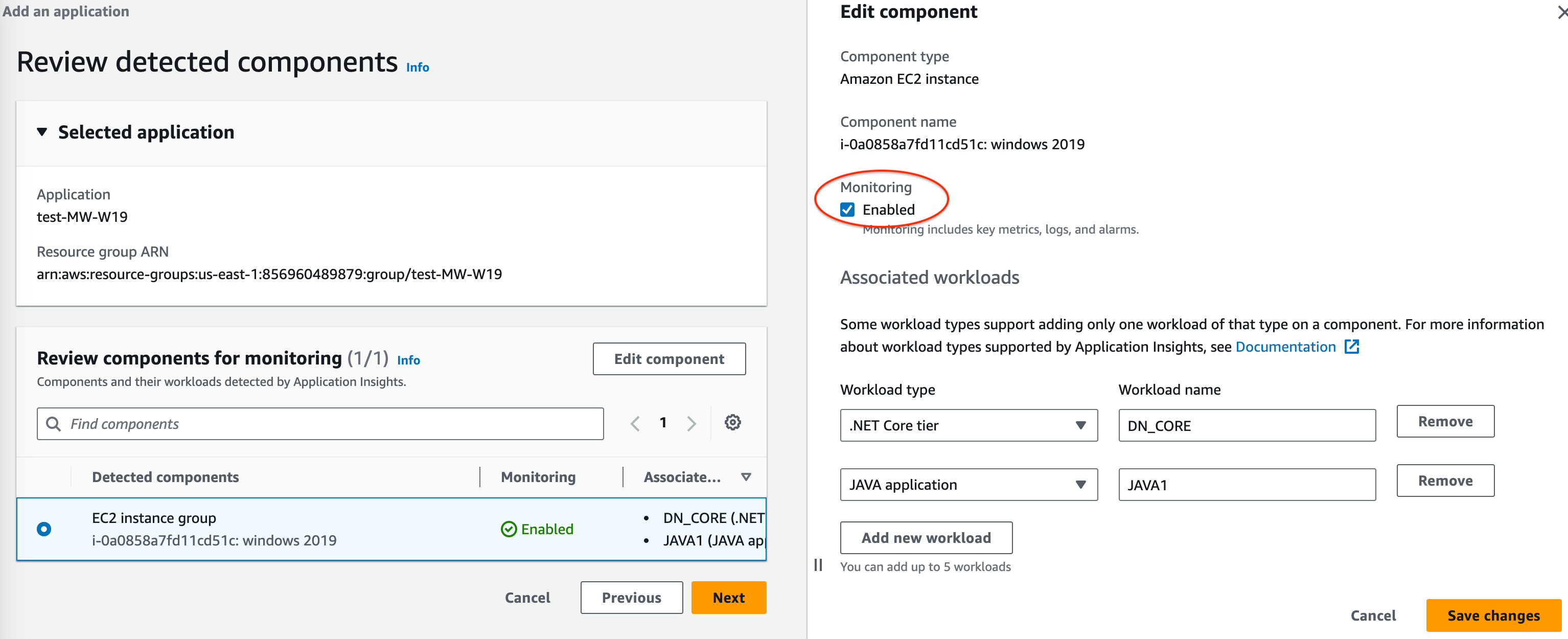 La sezione di modifica dei componenti della casella di controllo CloudWatch Application Insights per disabilitare il monitoraggio.