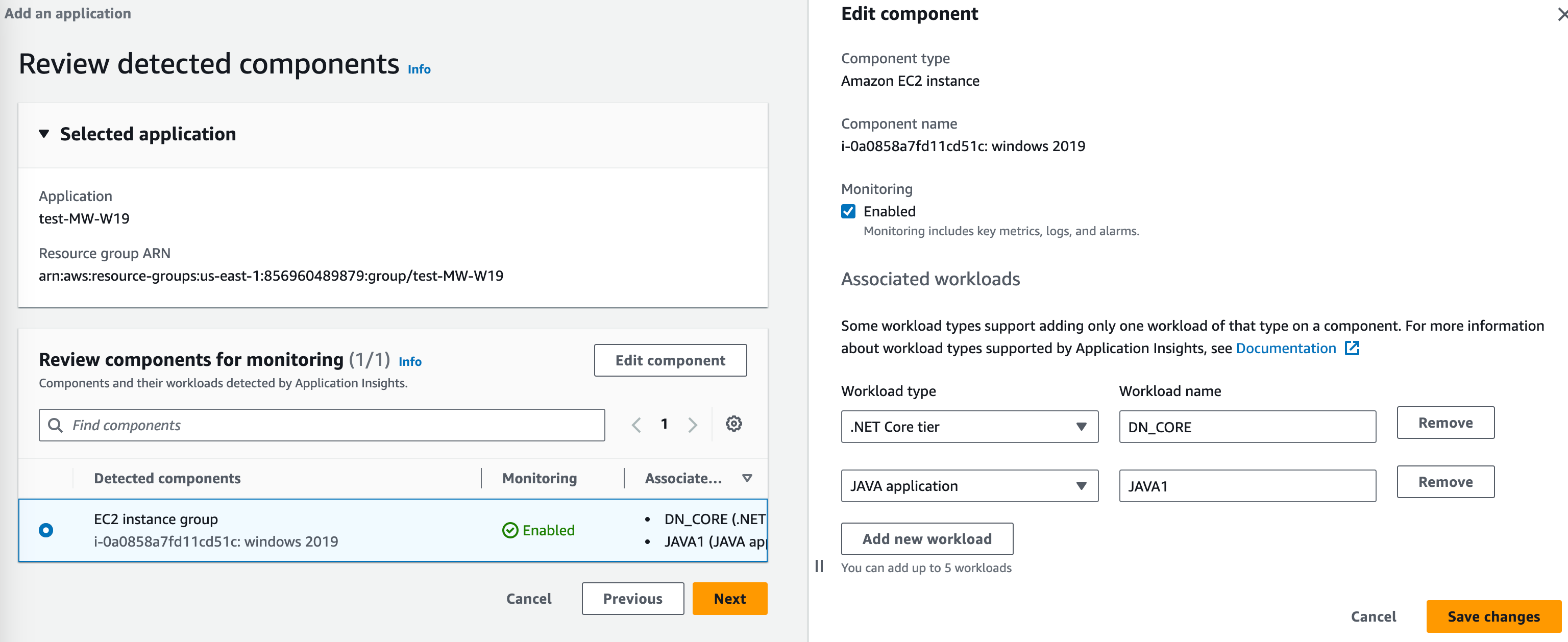 La sezione Modifica componente della console CloudWatch Application Insights: elenco a discesa del tipo di carico di lavoro.