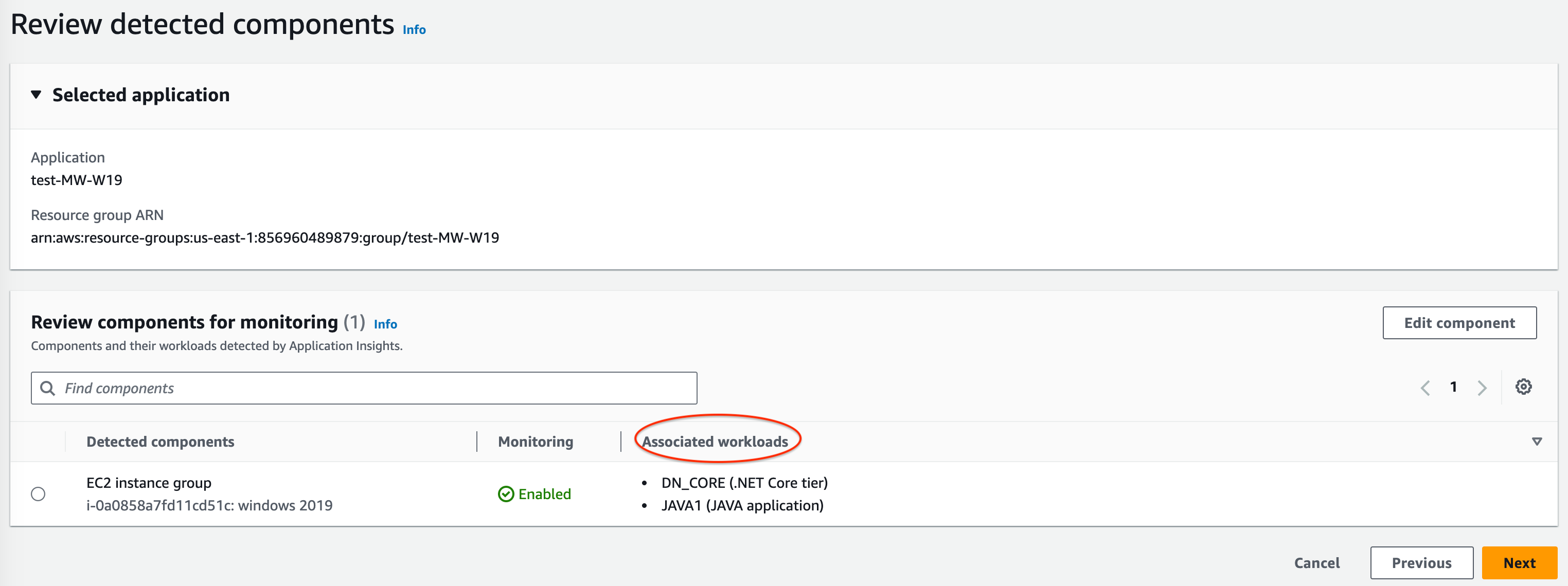 La sezione dei componenti rilevati della console di CloudWatch Application Insights: panoramica dei componenti rilevati e dei carichi di lavoro associati.