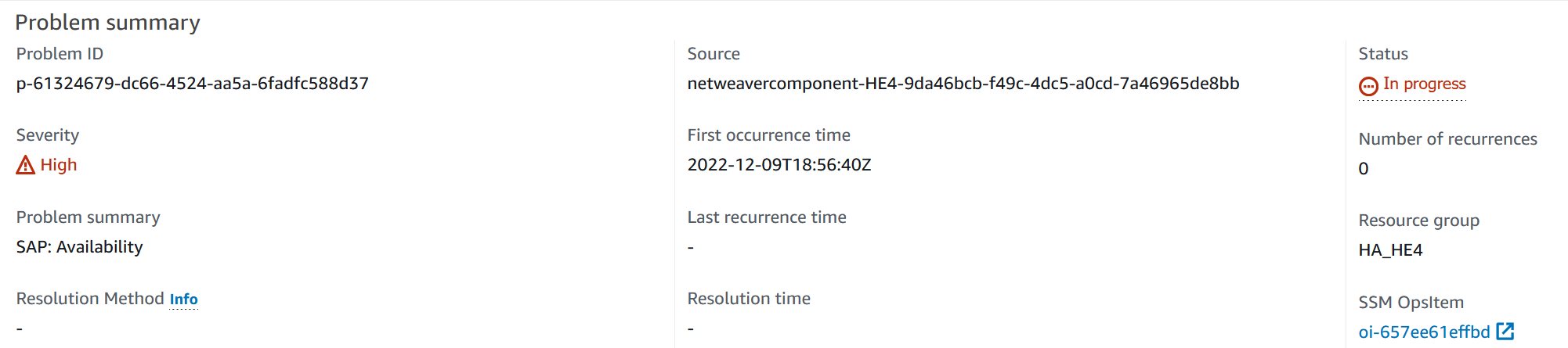 Pagina di riepilogo del problema per CloudWatch Application Insights nella sezione Riepilogo del problema.