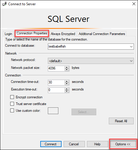 Connessione a un database Babelfish in SSMS.